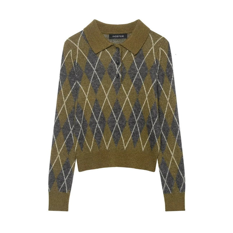 Womens Olive Green Collared Knit Sweater - INDETER Argyle Pattern Long Sleeve Polo Pullover 251212