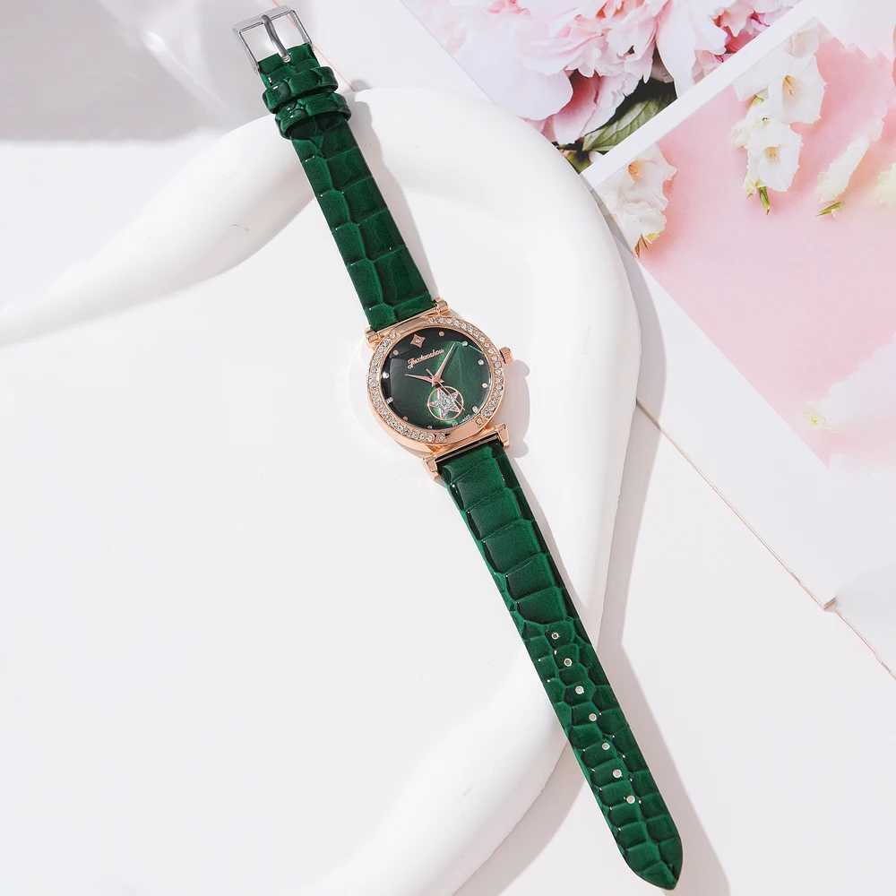 6PCS Set Green Luxury Quartz Watch Women Ring Necklace Earring Rhinestone Fashion Wristwatch Casual Ladies Bracelet Watches 6PCS Y251212