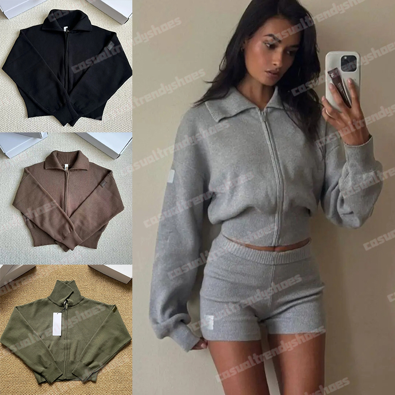 Yoga Knit Full Zip Jacket Loose Casual Short Hoodie Zipper Open Front Cardigan Cropped Hoodie Solid Color Versatile Long Sleeve Coat Sweater Womens Coat Outerwear