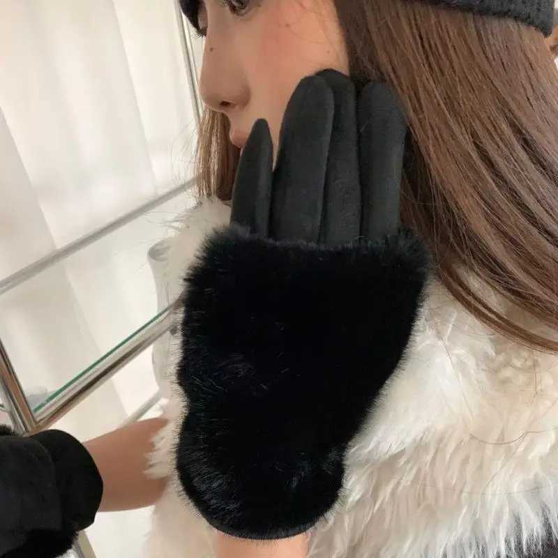 Winter Thickened Suede Gloves For Women Warm Rabbit Faux Fur Detachable Touch Screen Thermal Lining Gloves Windproof Fur Gloves Y251211