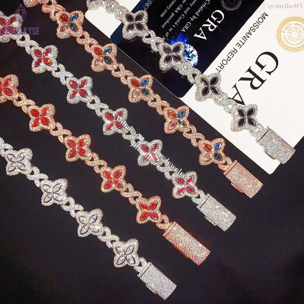 HOT SELLING 15mm Colorful Moissanite Flower Cuban Pendant Necklace in Ready Supply Hip Hop Fancy Diamond - like Cuban Link Chain Moissanite 925 Suitab