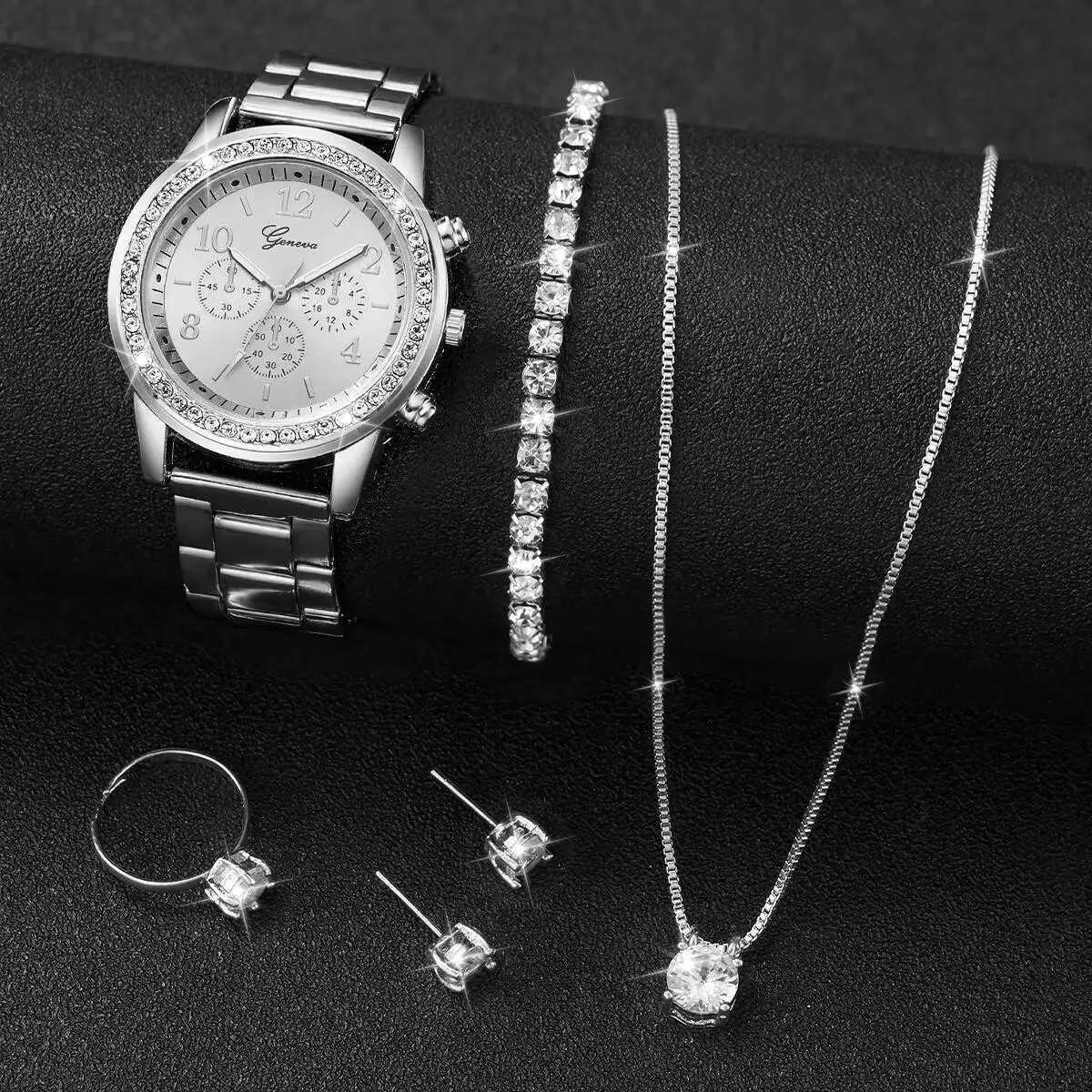 6PCS/Set Fashion Rhinestone Women Watches Analog Quartz Wrist Watch Jewelry Set Reloj MujerWithout Box Y251212