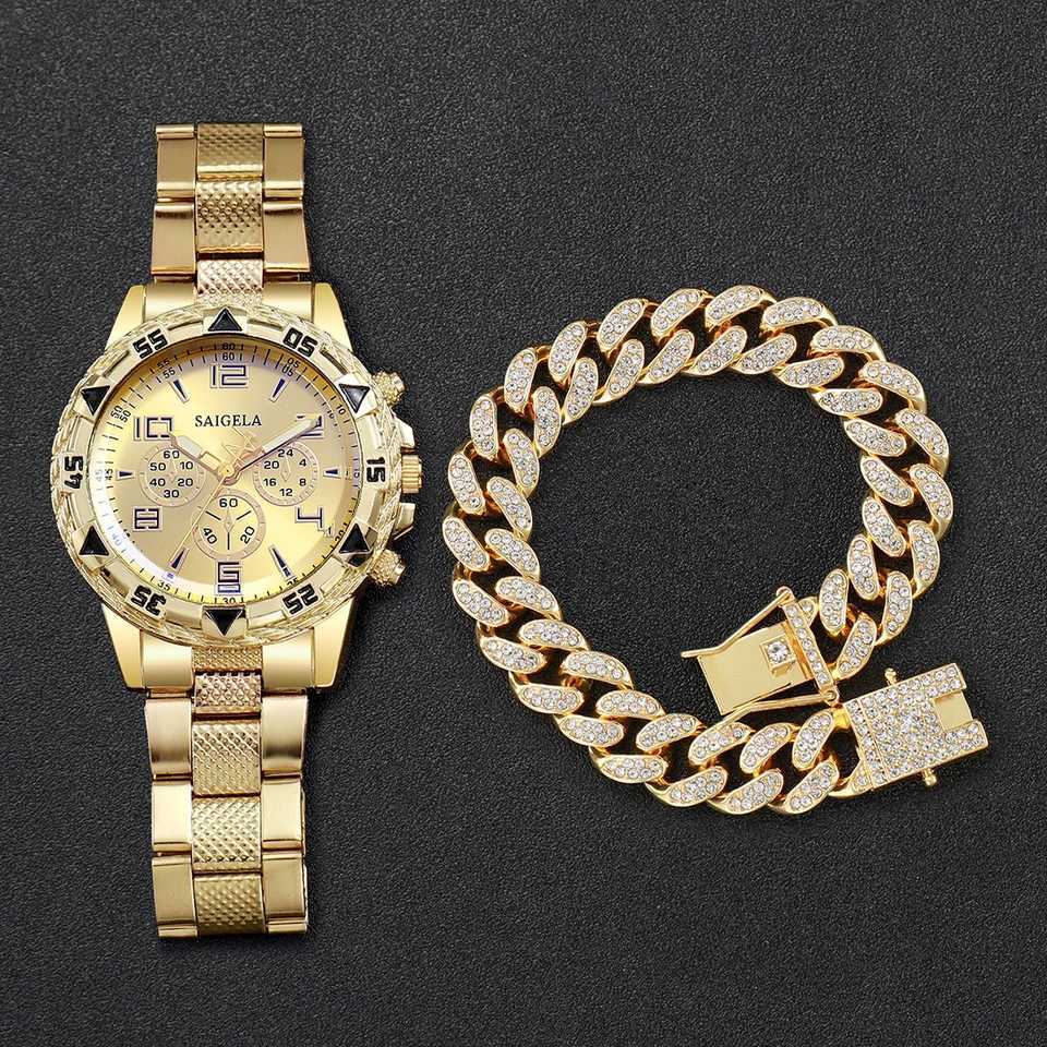 2pcs/set Men Business Watches Fashion Arabic Dial Males Quartz Watch Luxury Rhinestone Hip Pop Bracelet Set Without Box Y251212
