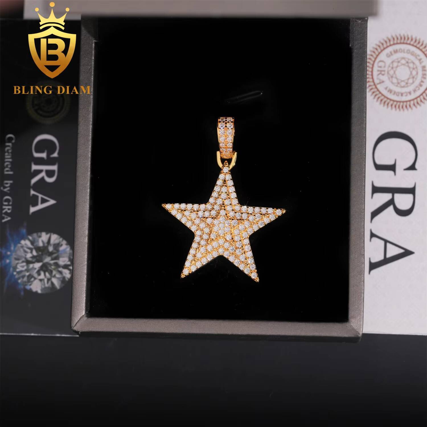 New Design S925 Sterling Silver Moissanite Shining Five Point Star Necklace Cool Hip Hop Pendant