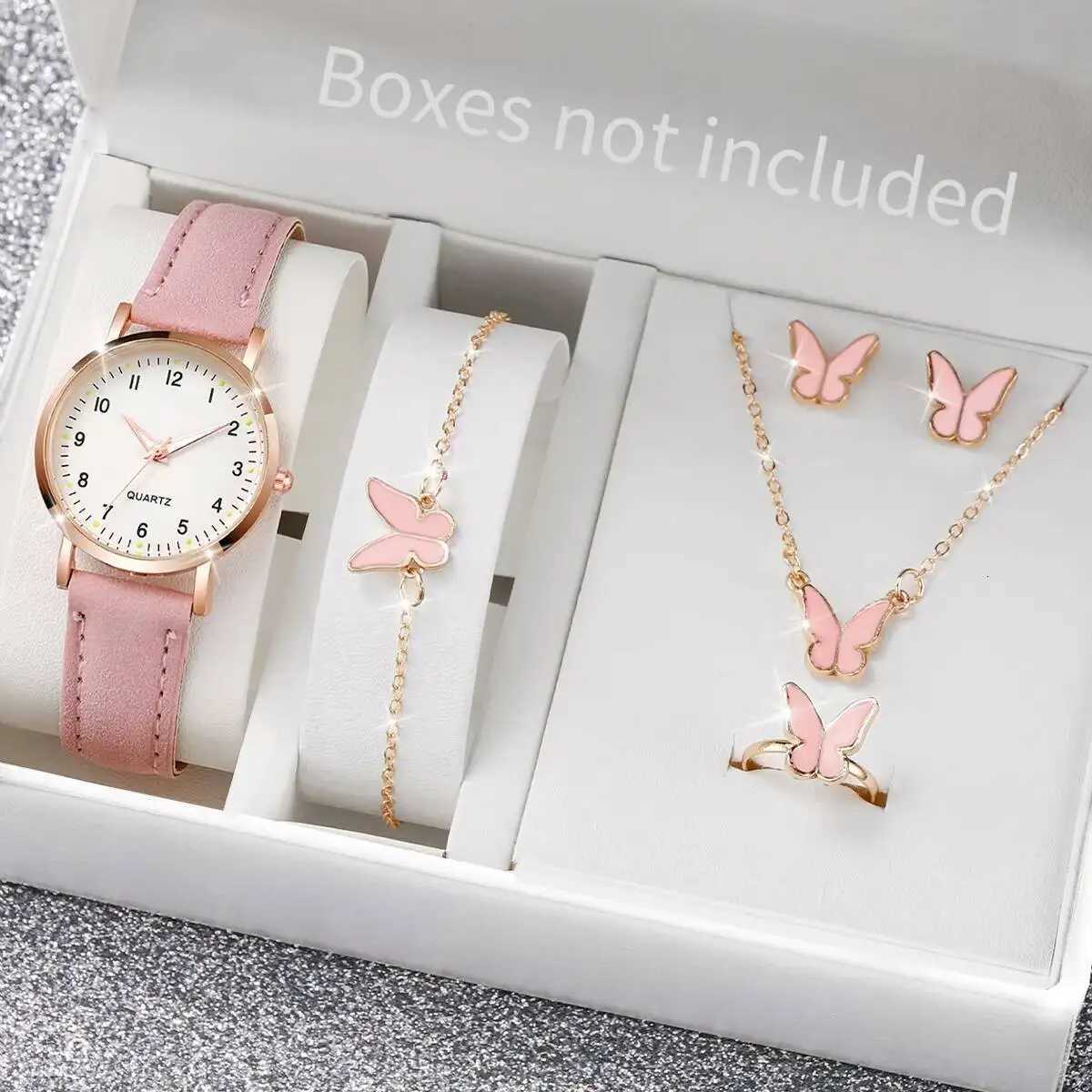 6PCS/Set Fashion Arabic Dial Women Quartz Watch Casual Leather Strap Wristwatch Butterfly Jewelry Set Reloj MujerWithout Box Y251212