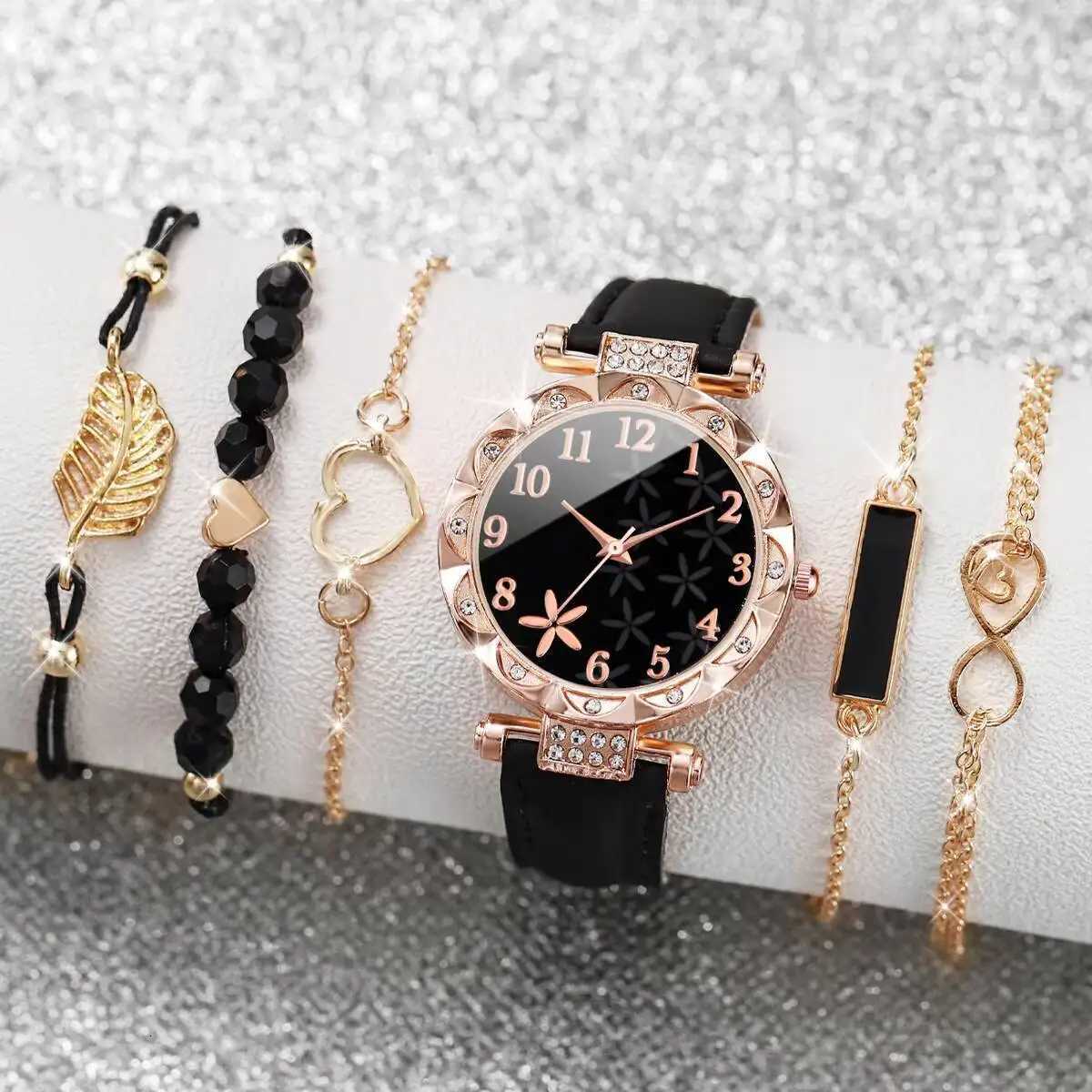 6PCS/Set Luxury Rhinestone Women Watches Fashion Flower Leather Strap Quartz Watch Bracelets Set Reloj MujerWithout Box Y251212