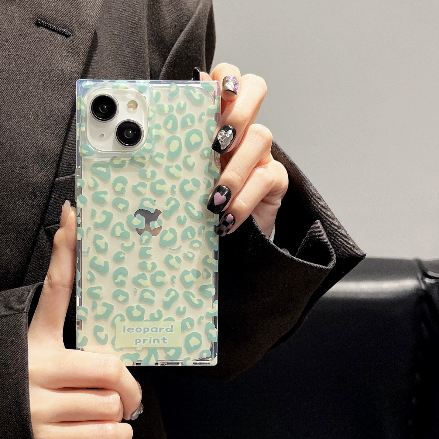 American Transparent Green Leopard Pattern Suitable for iPhone 16 Pro Max Phone Case Apple 17 Square Glossy 15 Protective Cover