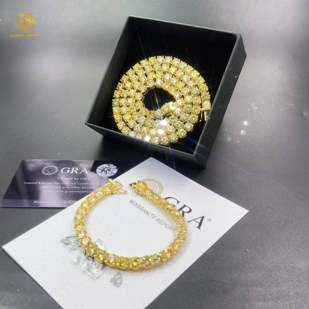 Wholesale 925 Sterling Silver Moissanite Tennis Chains 3mm-4mm Necklaces in Champagne Yellow Colors at Cheap Price
