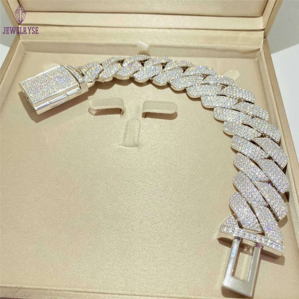 necklace moissanite chain Bracelet Hip Hop Jewelry 26mm 925 Solid Silver Iced Out Cuban Link Prong Cuban Bracelet Vvs Diamond