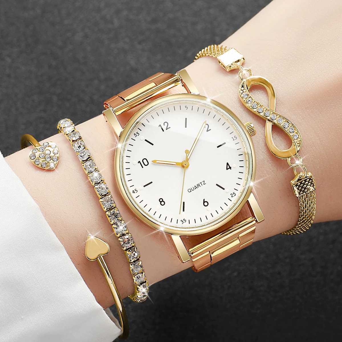 4PCS/Set Fashion Arabic Dial Women Quartz Watch Alloy Band Ladies Wristwatch Rhinestone Bracelets Set Reloj MujerWithout Box Y251212