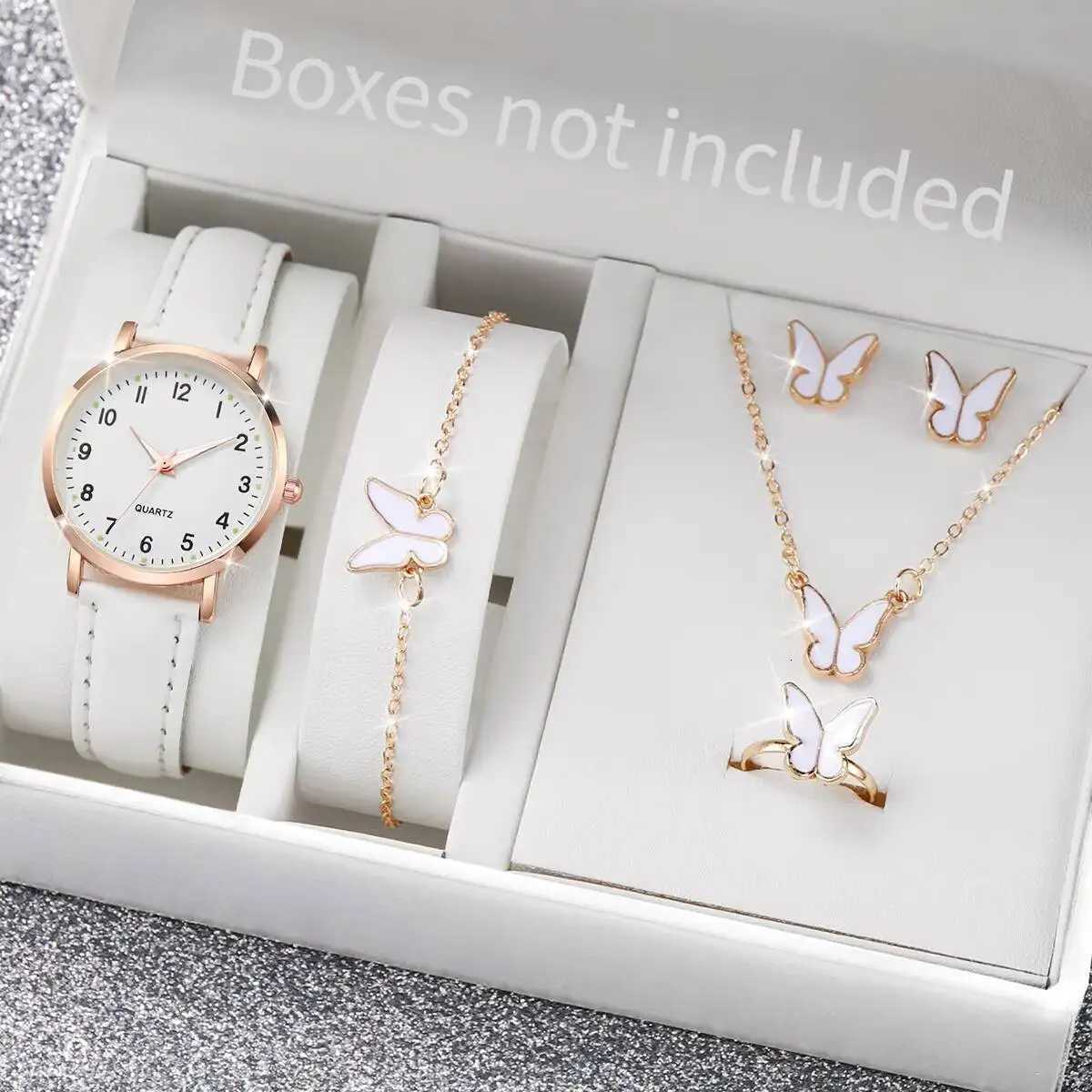 6PCS/Set Fashion Arabic Dial Women Quartz Watch Casual Leather Strap Wristwatch Butterfly Jewelry Set Reloj MujerWithout Box Y251212