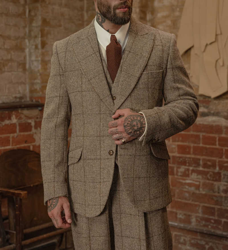 Vintage Grid Men Suit 3 Piece Fit Blazer Pants Vest Single Breasted Winter Formal Business Customized trajes de hombre