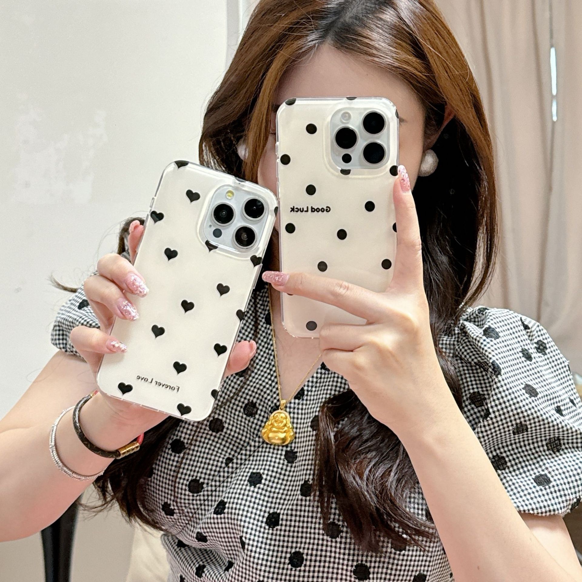 Korean and Japanese Style Black Heart Polka Dot Case Apple 17 Pro Max 16 Pro/15 Niche Flower 13 for Women