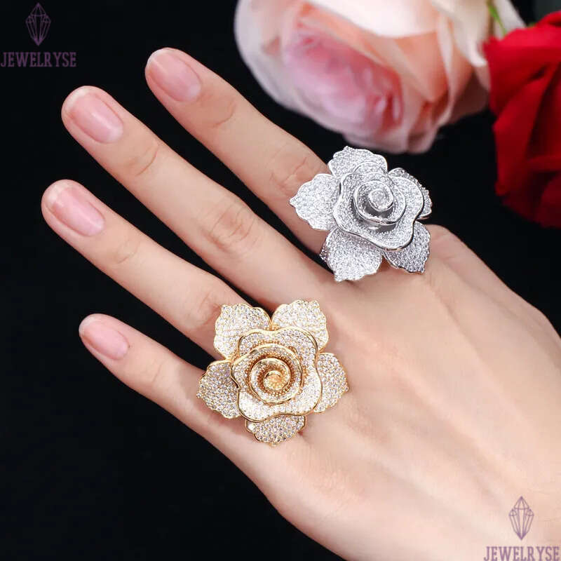 luxury copper 18k gold designer ring for woman rose flower AAA cubic zirconia jewelry womens party mexican silver white CZ wedding bride engagement ri