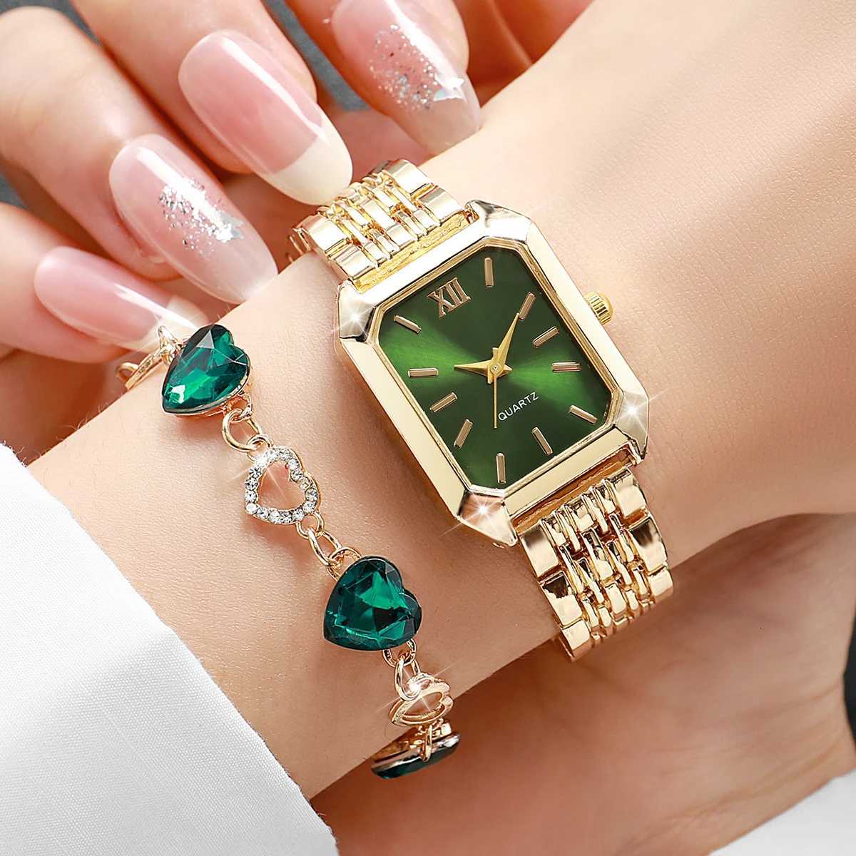 2PCS/Set Fashion Square Roma Dial Women Wristwatches Ladies Alloy Strap Watch Rhinestone Bracelet Set Without Box Y251212