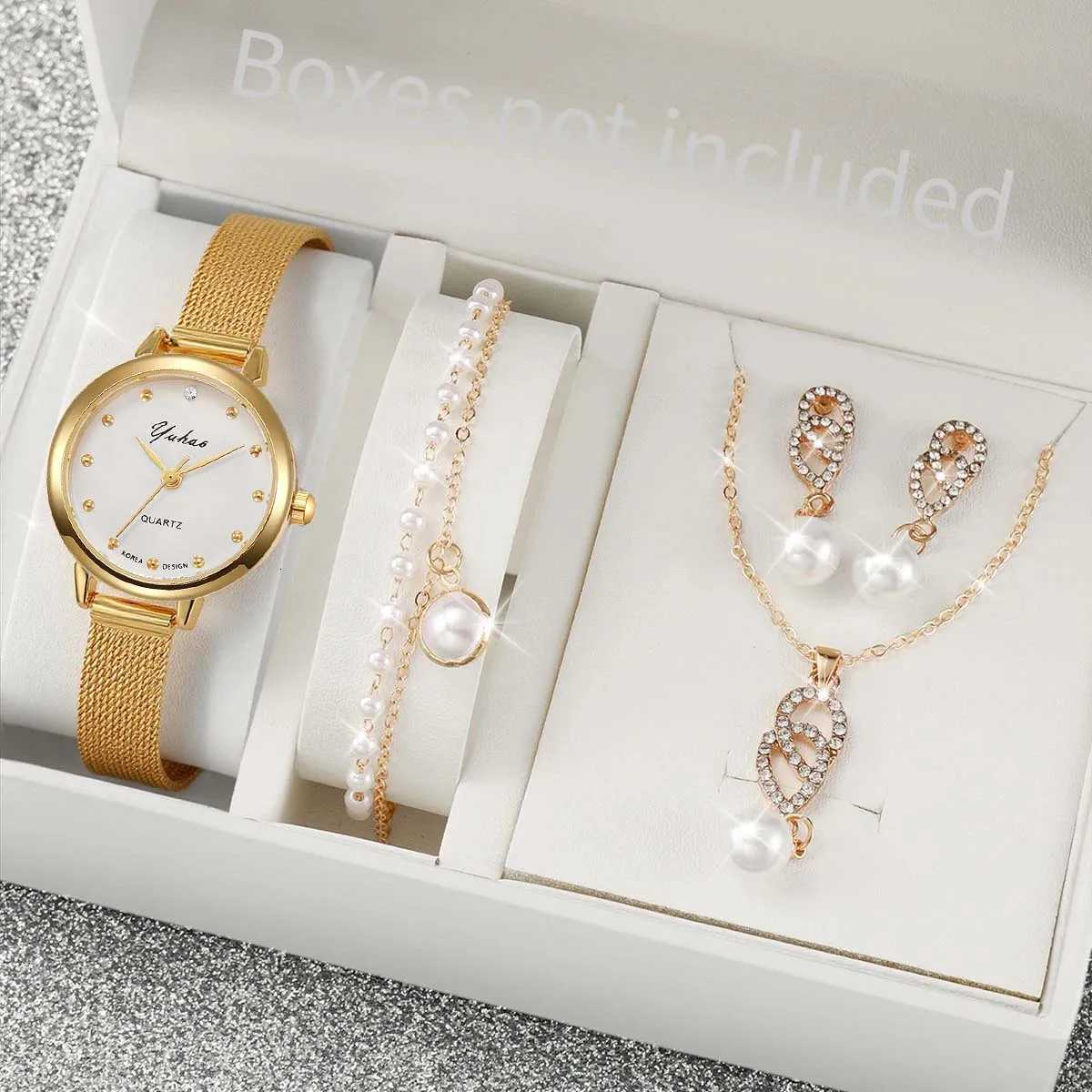 Fashion Light Luxury Alloy Mesh Band Round Dial Women Quartz Watch and Jewelry 6 Piece Set Suitable for Daily Wear Christmas a Y251212