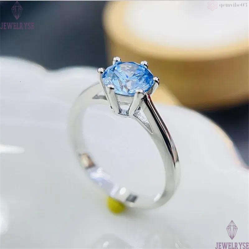 Classical Six Claw Fine Jewelry Real 925 Sterling Silver Round Cut Aquamarine Solitaire CZ Diamond Eternity Women Wedding Engagement Band Ring For Lov