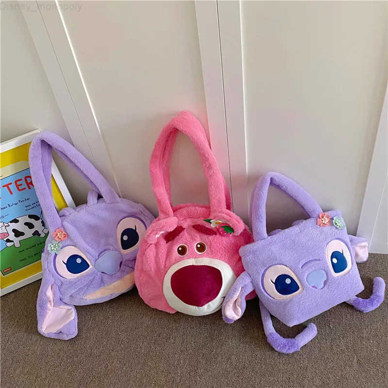 Disney Lovely Purple Lilo Stitch Strawberry Bear Plush Shoulder Bag Kawaii Cartoon Large Capacity Handbag Girls Birthday Gifts H251212