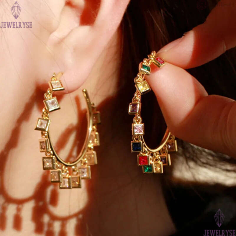 Fashion Tassels Colorful AAA Cubic Zirconia Hoop Designer Earrings Jewelry 42mm Star Water Drop Square 18K Gold Copper Luxury Earring For Women Party 