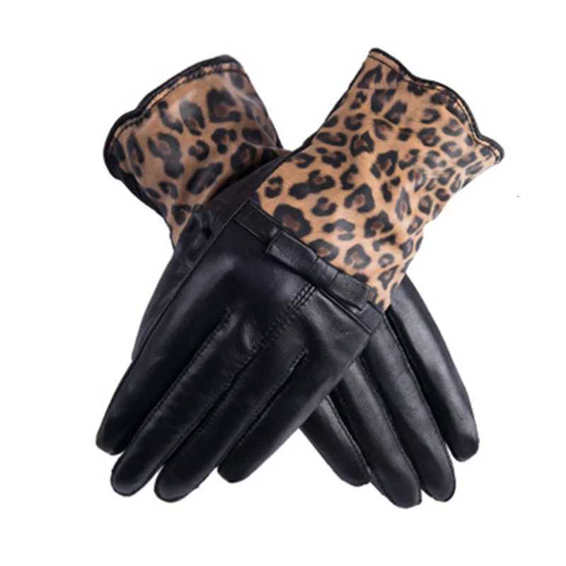 Genuine Leather gloves female sheepskin bow winter plus velvet thickening quality Leopard mittens cycling driving gloves E78 Y251211