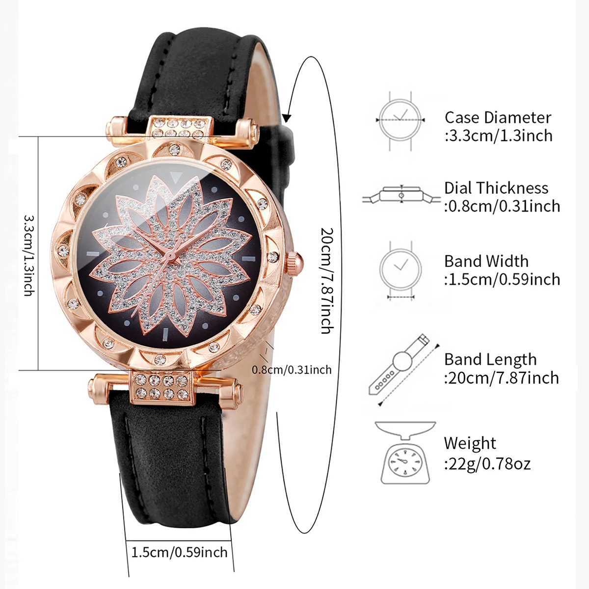 6PCS Fashion Rhinestone Flower Dial Women Wristwatch Ladies Leather Strap Watch Heart Diamond Jewelry SetWithout Box Y251212