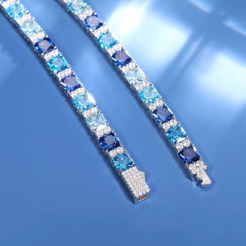 Spot Delivery Gatherings Jewelry 65mm Gradient Color Diamond AAAAA Blue Cz Cluster 925 Silver Tennis Bracelet for Gift