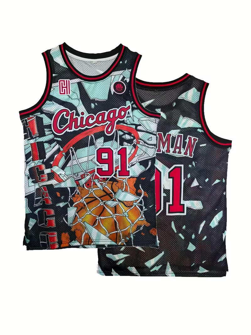 91 Dennis Rodman Basketball Jersey Vest - Embellished Sleeve Patches, Black/Red/Gray Team Colors