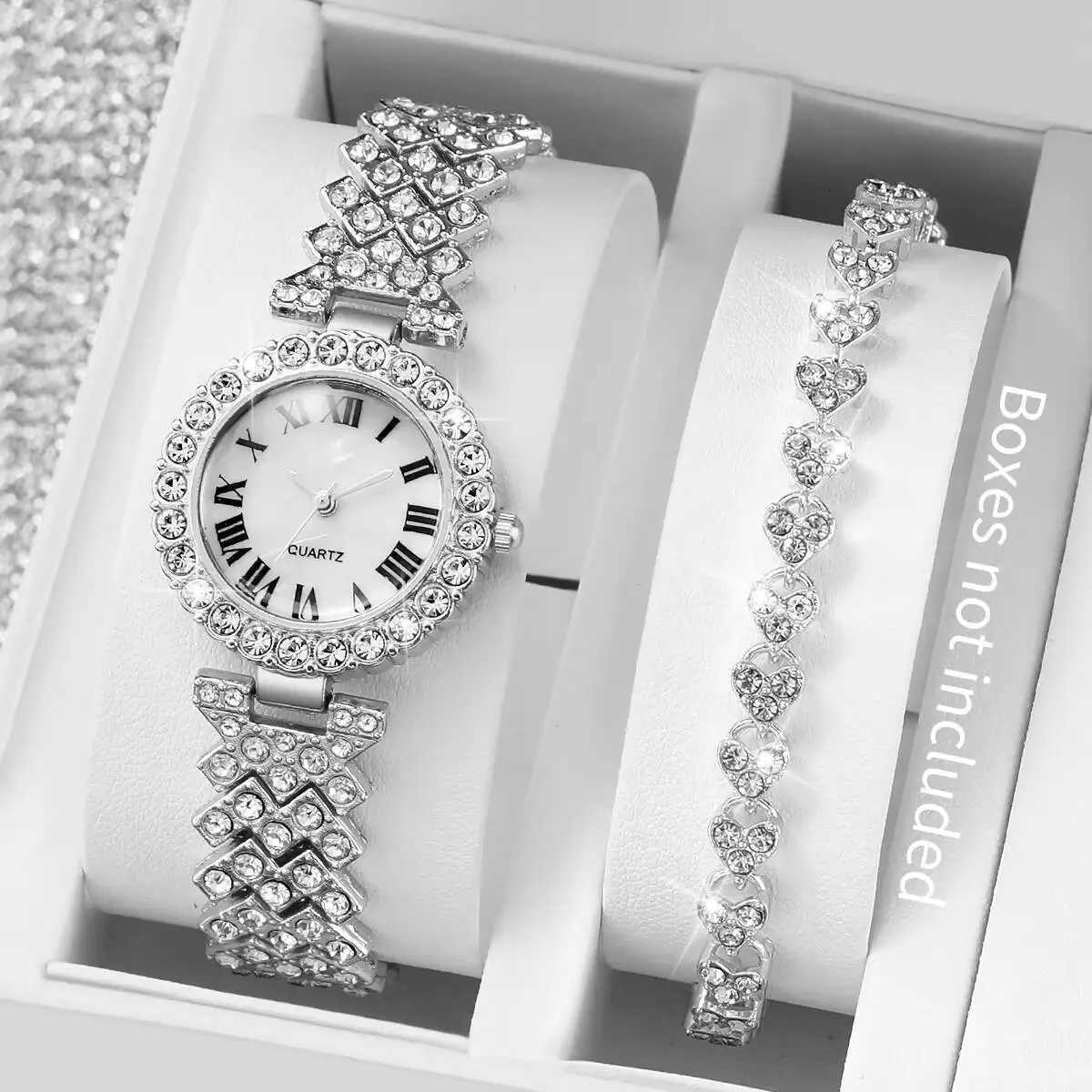 2PCS/Set Fashion Rhinestone Womens Watch Silver Band Ladies Quartz Watches Bracelet Set Reloj MujerWithout Box Y251212