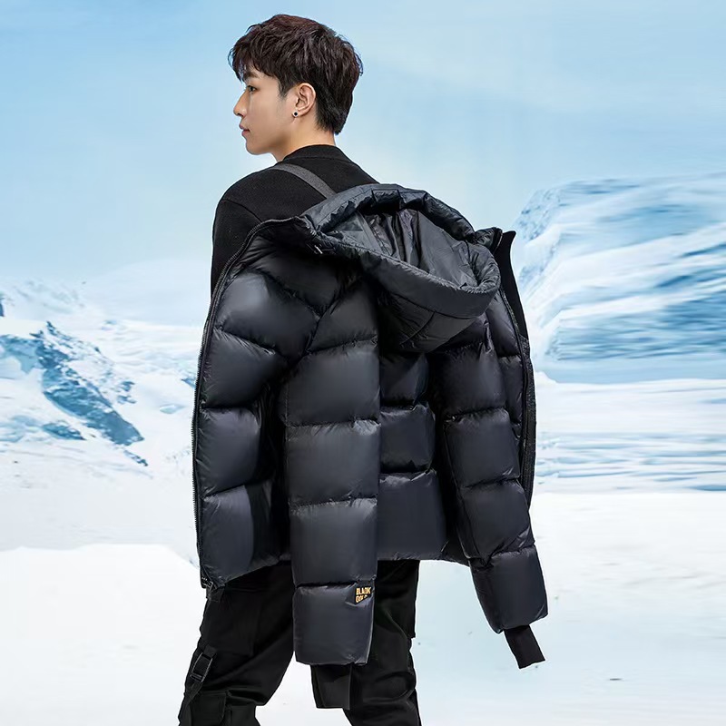 Black Gold Short Thickened Down Jacket: Couple Style Unisex Hooded Outdoor Fashion Wash-Free with Suspenders