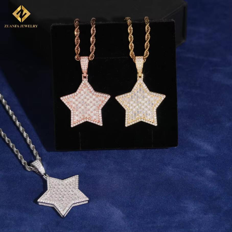 Factory Outlet VVS Moissanite Pendant Men Hip Hop Baguette Cut Moissanite Star Pendant 925 Silver Pendant Pass Diamond Test GRA