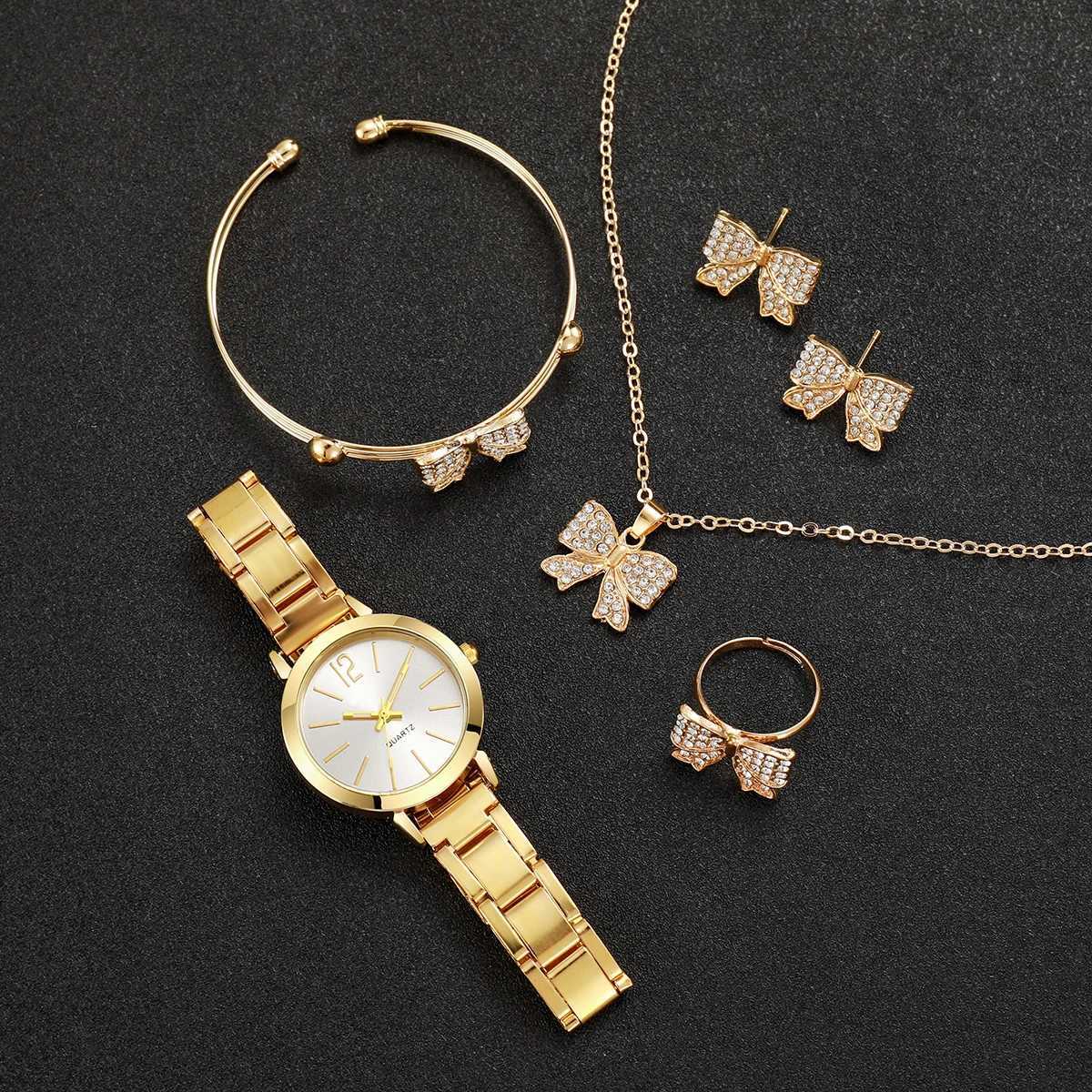 6PCS/Set Womens Watch Fashion Gold Steel Band Quartz Watches Rhinestone Bowknot Jewelry SetWithout Box Y251212
