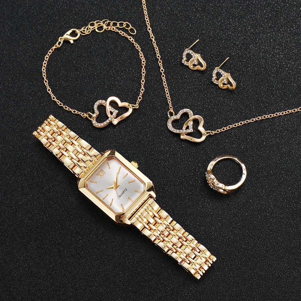 6PCS/Set Fashion Roma Dial Women Watches Ladies Rectangle Quartz Wristwatch Rhinestone Jewelry Set Reloj Mujer Without Box Y251212