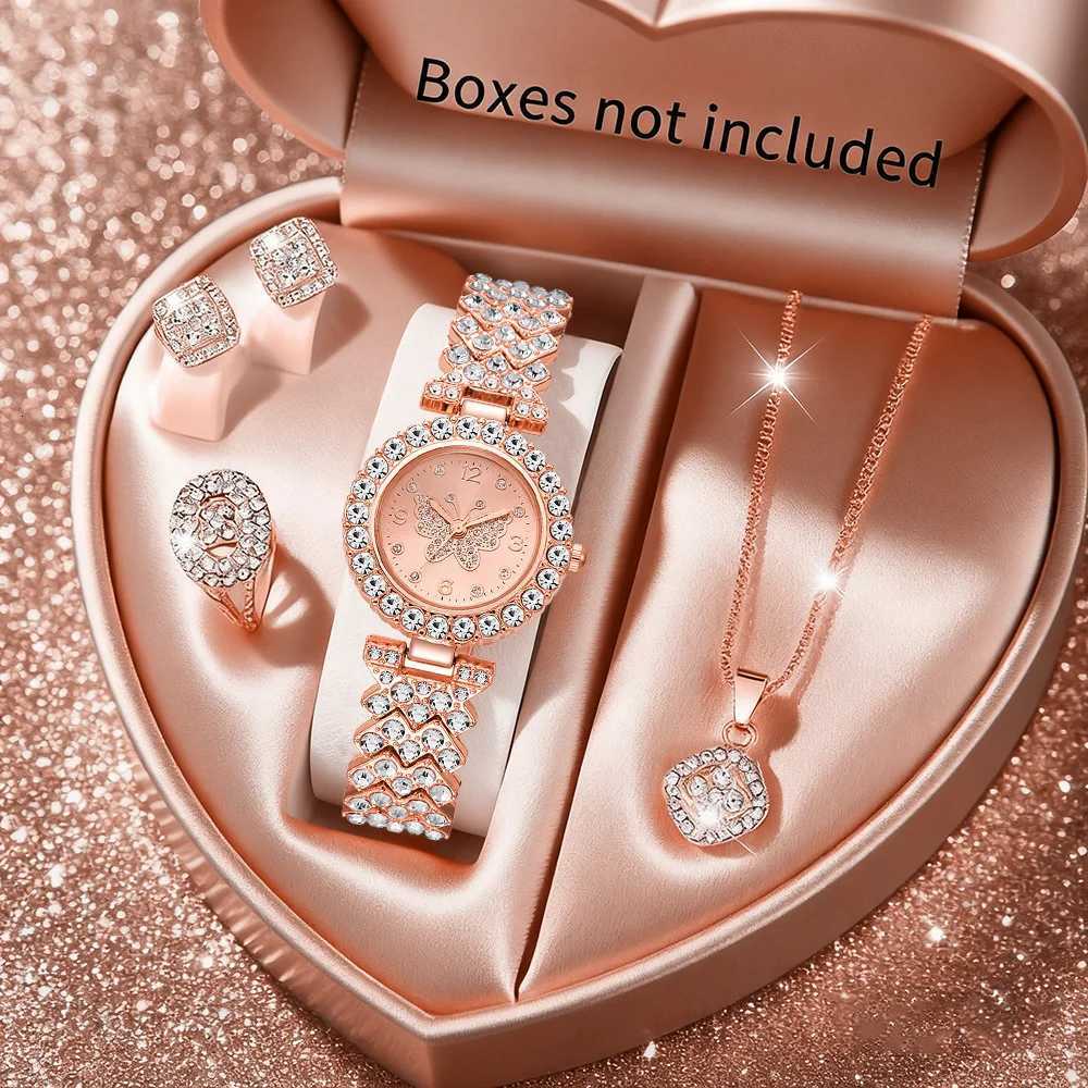 5PCS Fashion Rhinestone Butterfly Dial Women Quartz Watch Elegant Ladies Bracelet Wristwatch Jewelry Set Reloj MujerWithout Box Y251212
