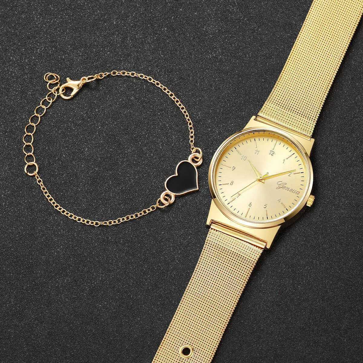 2PCS/Set Fashion Arabic Dial Women Watches Ladies Mesh Band Quartz Wristwatch Heart Bracelet Set Reloj MujerWithout Box Y251212