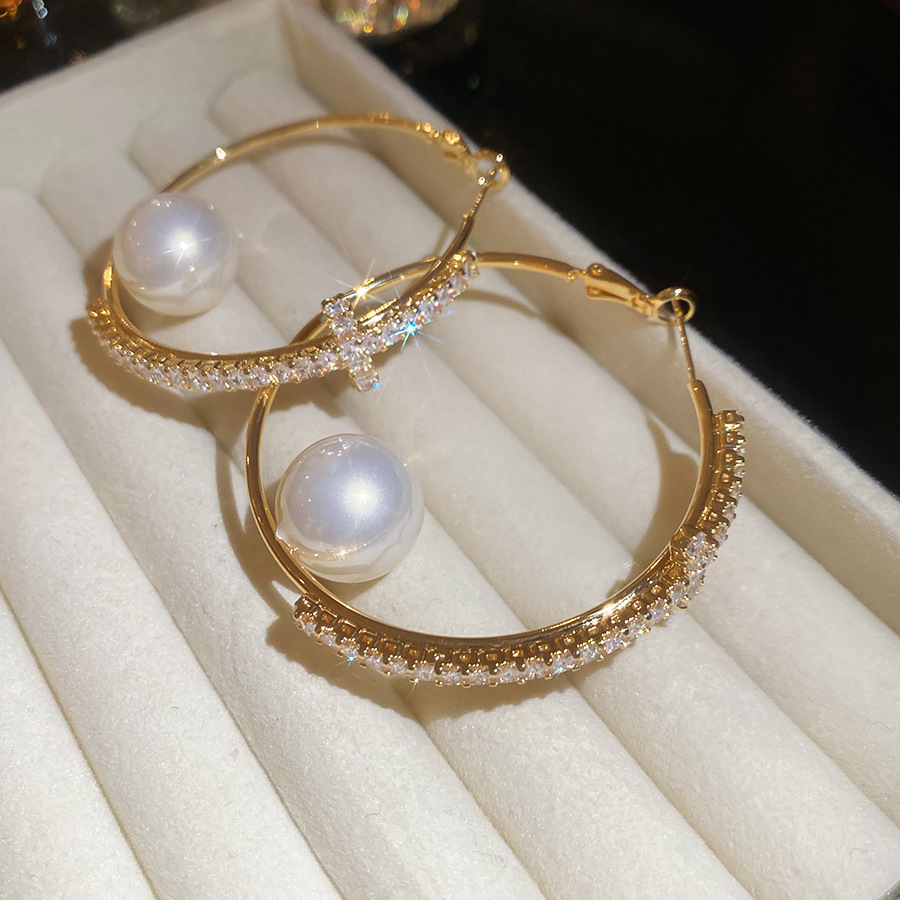 Real Gold Plated Zircon Cross Pearl Hoop European and American Retro Elegant Temperament Earrings Light Luxury High-end Feel Ear Jewelry - view 5