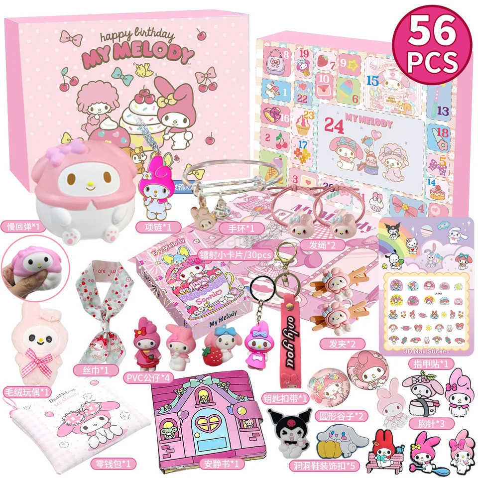 Sanrio Cute Kuromi Cinnamoroll Melody Christmas Advent Calendar Kawaii Random Figure Ornament Anime Cartoon Keychain Kids Toy Gift H251212