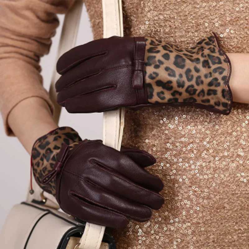 Genuine Leather gloves female sheepskin bow winter plus velvet thickening quality Leopard mittens cycling driving gloves E78 Y251211