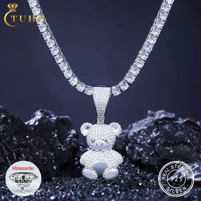 Wholesale Hip Hop Jewelry 925 Sterling Silver Pass Diamond Tester VVS Moissanite Iced Out Cute Teddy Bear Pendant Necklace