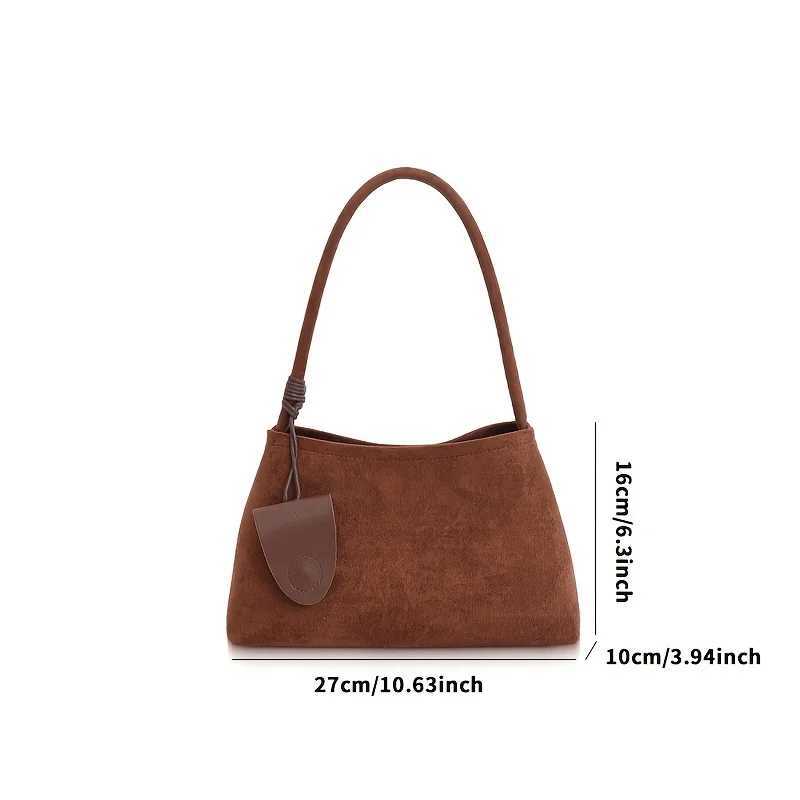 Wens Elegant Tote Bag Suede Fabric Shoder Bag Solid Brown Hand with Zipper Closure Durable Fixed Strap Phe Makeup Y251211