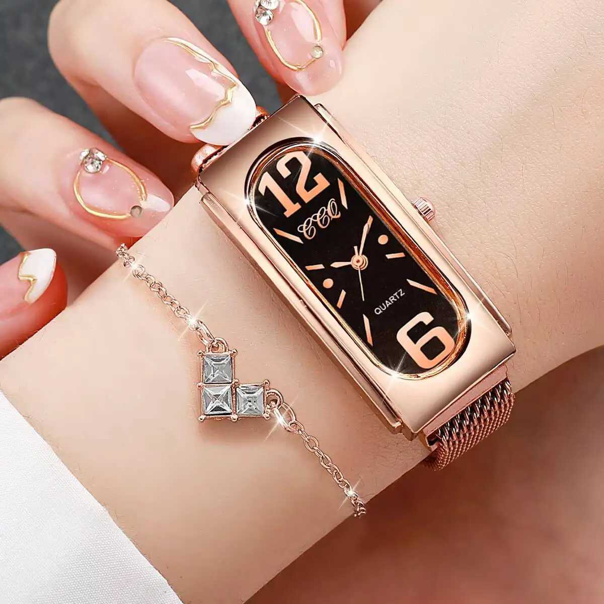 6PCS/Set Fashion Rectangle Women Watch Magnet Clasp Ladies Quartz Wrist Watches Rhinestone Jewelry Set Reloj MujerWithout Box Y251212
