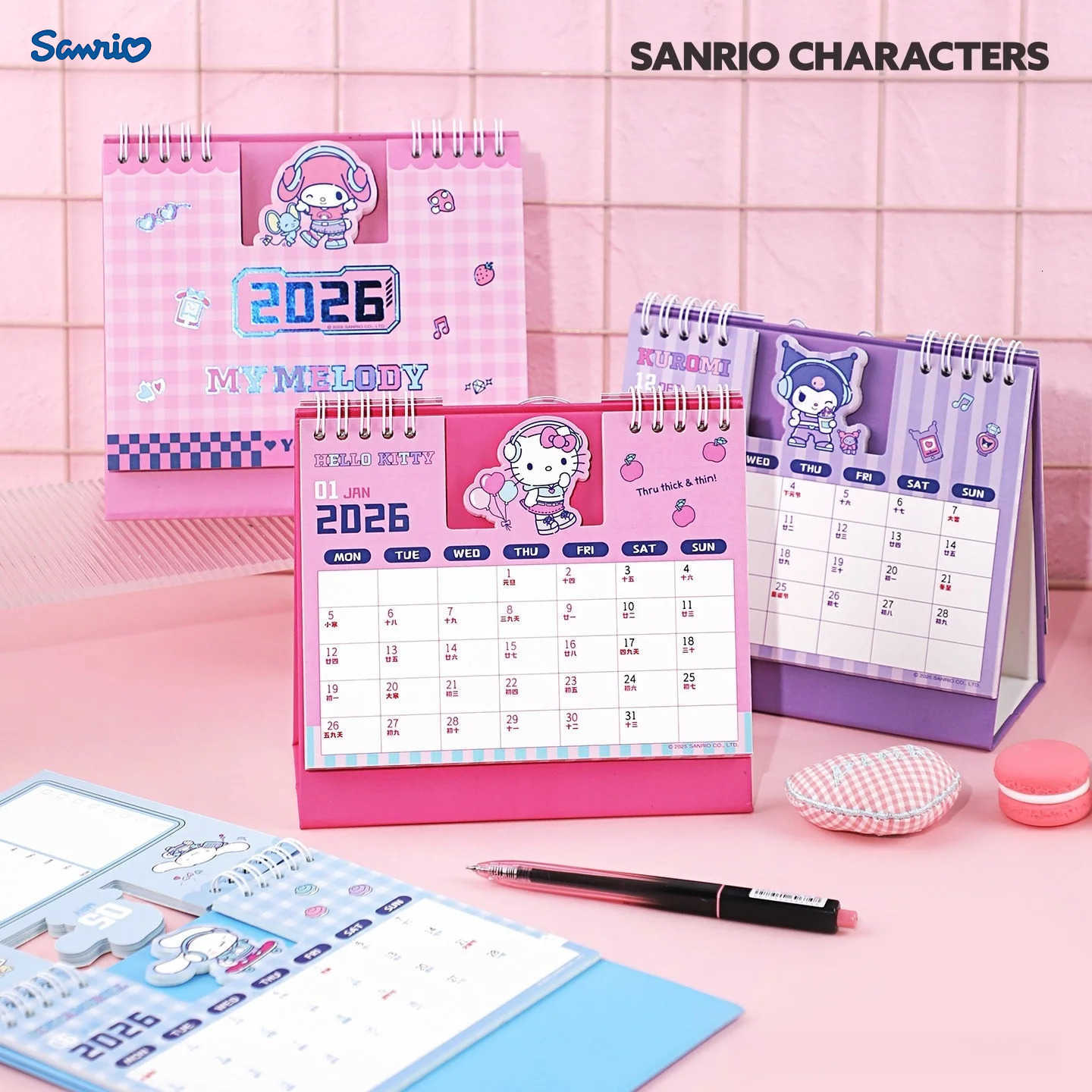Sanrio 2026 New Hello Kitty My Melody Cute Series Small Calendar Cartoon Kuromi Student Memo Office Desktop Vertical Calendar H251212