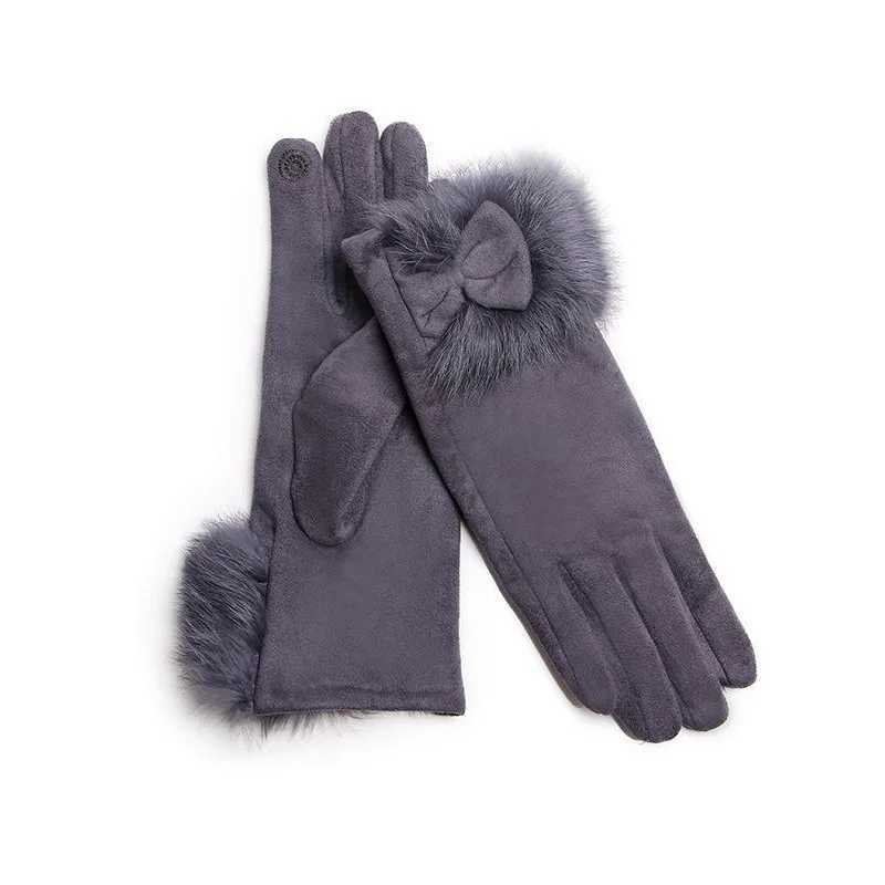 Winter Female Suede Leather Bow Plush Wrist Mitten Women Thick Plus Plush Windproof Warm Touch Screen Driving Gloves J22 Y251211
