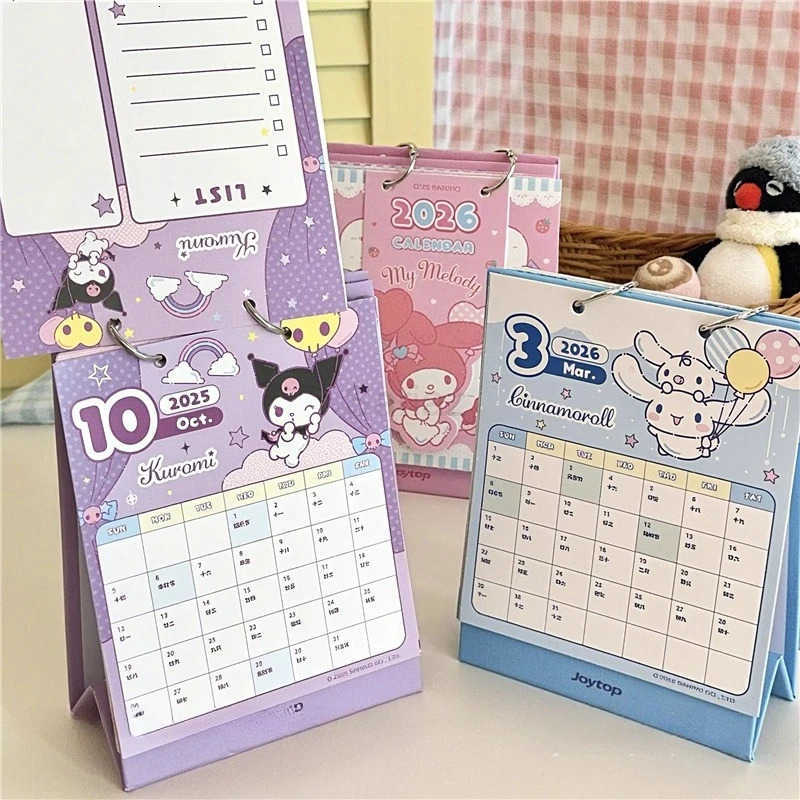Sanrio 2026 Sanria Mini Desk Calendar Anime Kuromi Melody Portable Calendar Desktop Ornaments Cinnamoroll Check-In Plan Office Supplies H251212