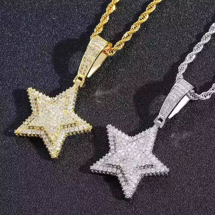 Fashionable 925 Silver 15 Inch Round Cut Moissanite Diamond Star Pendant Luxury Hip Hop Necklace Charm Gift for Men Women