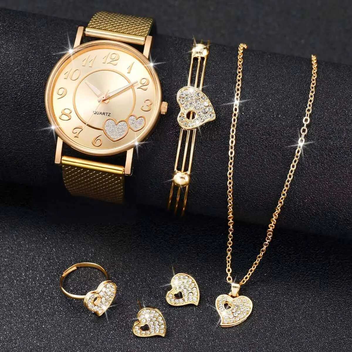 6PCS/Set Fashion Plastic Band Womens Watch Female Quartz Watch Rhinestone Heart Jewelry SetWithout Box Y251212