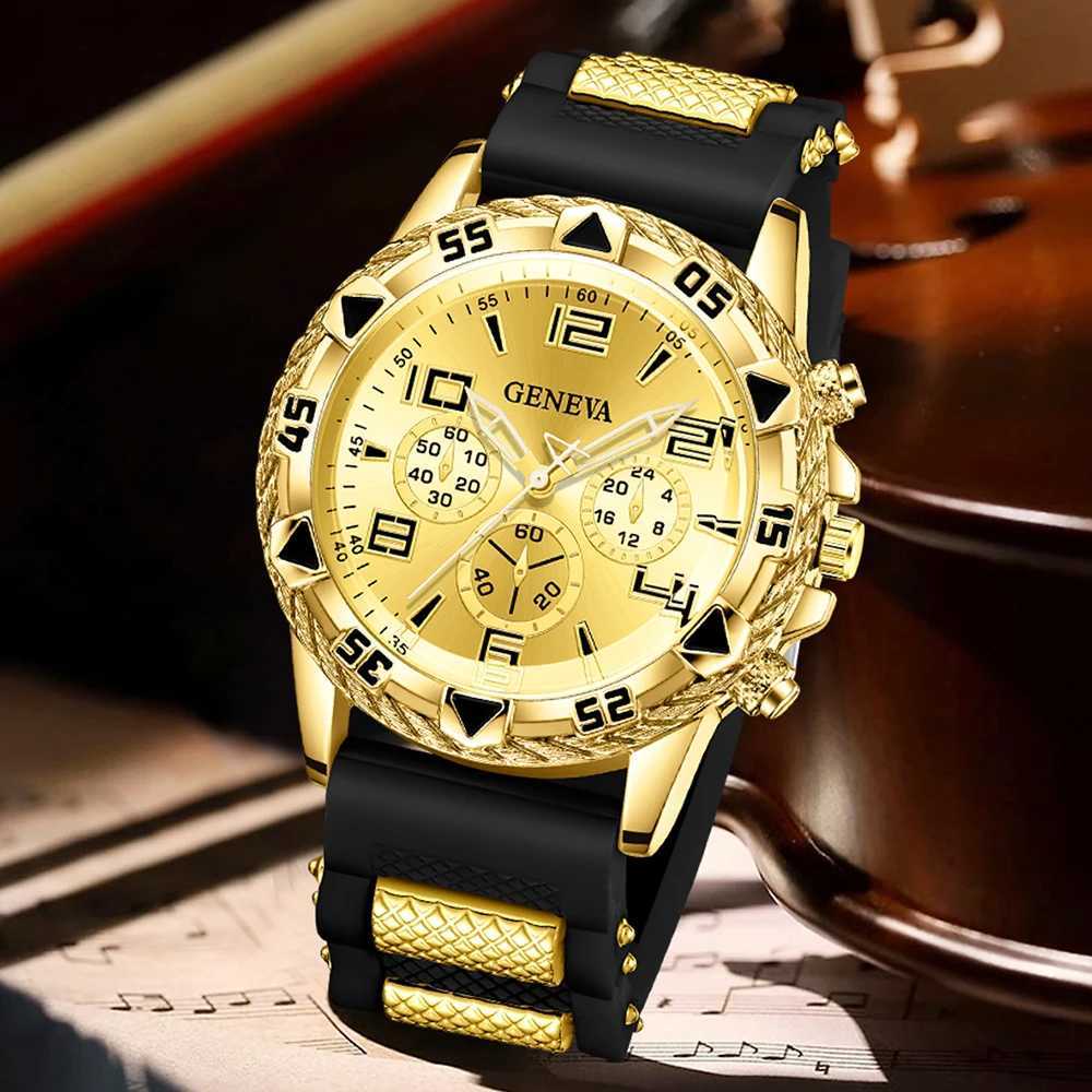 4PC Golden Mens Watch Set Fashionable and Versatile Quartz Watch Bracelet Necklace Ring Set Perfect Gift for Friends or Dad Y251212