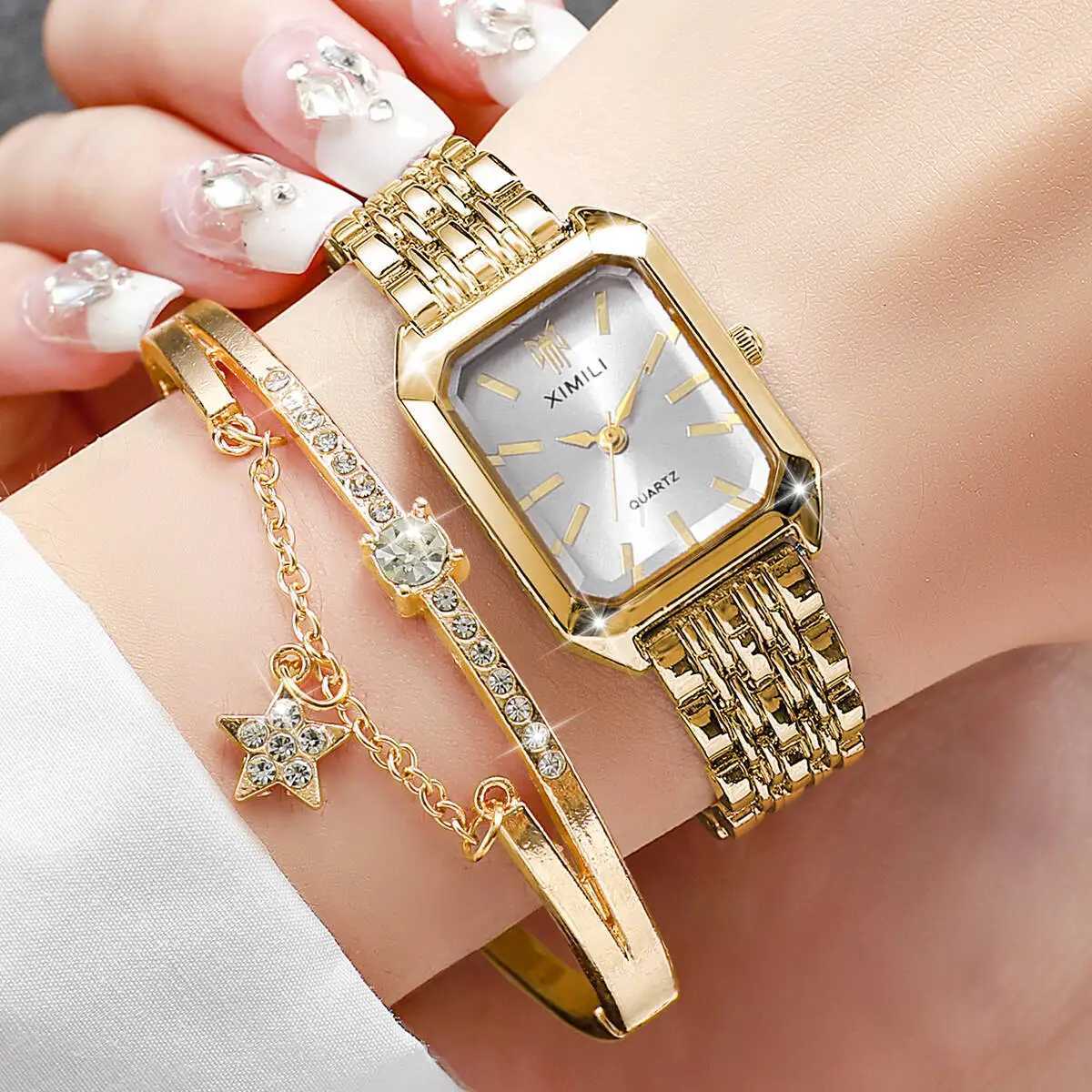 2PCS/Set Fashion Rectangle Women Watches Stainless Steel Band Quartz Watch Bracelet Set Reloj MujerWithout Box Y251212