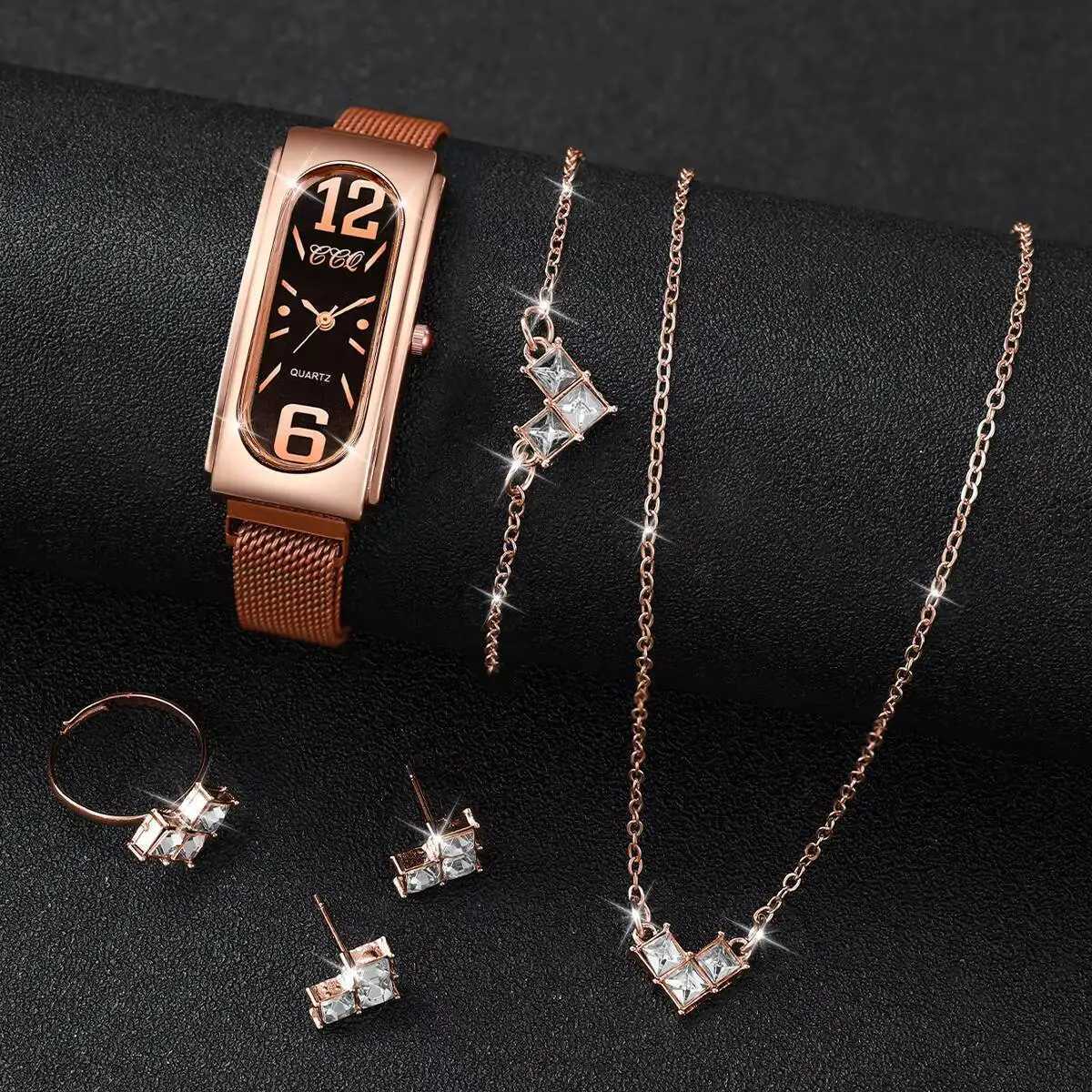 6PCS/Set Fashion Rectangle Women Watch Magnet Clasp Ladies Quartz Wrist Watches Rhinestone Jewelry Set Reloj MujerWithout Box Y251212