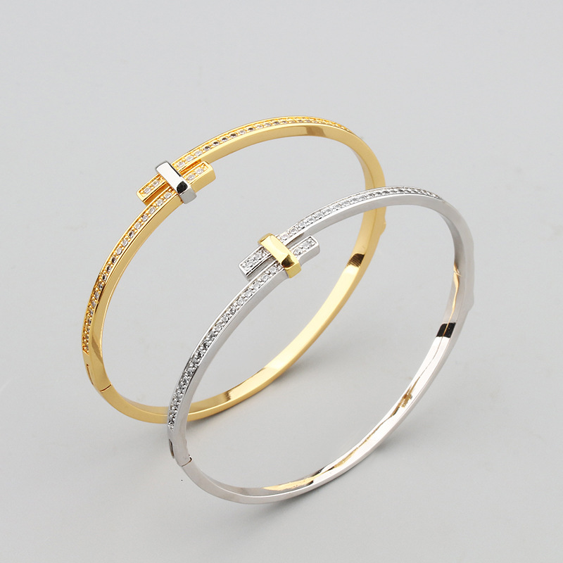 Elegant New Simple Eco-friendly Copper Inlaid Zircon Bracelet Ring Set Two-tone Electroplated Jewelry