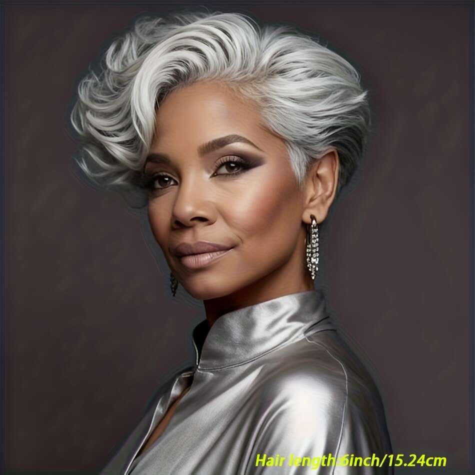 Brazilian Human Hair Wig Women - Short Pixie Cut, 6.0Inch, 150% Density, Straight Hair, Grey Color, Natural Look, Ideal Daily Wea, Light Colored You C